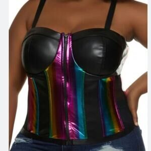 NWT Oppa Faux Leather Rainbow Striped Mesh Paneled Bustier Cami Top